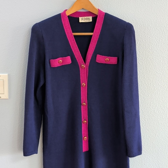 St. John Vintage Navy and Pink Button-Up Knit Sweater Dress - Picture 2 of 11